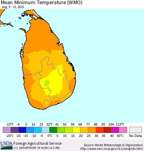 Sri Lanka Minimum Temperature (WMO) Thematic Map For 8/9/2021 - 8/15/2021