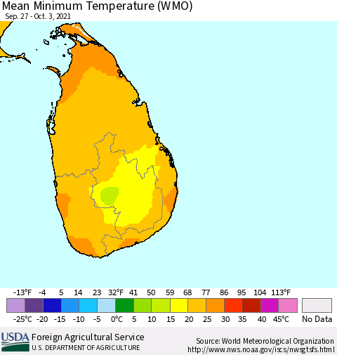 Sri Lanka Minimum Temperature (WMO) Thematic Map For 9/27/2021 - 10/3/2021