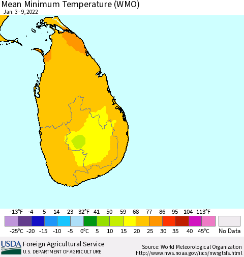 Sri Lanka Minimum Temperature (WMO) Thematic Map For 1/3/2022 - 1/9/2022