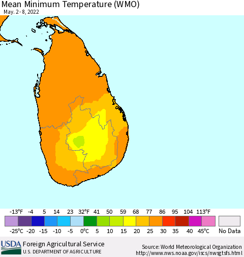 Sri Lanka Minimum Temperature (WMO) Thematic Map For 5/2/2022 - 5/8/2022