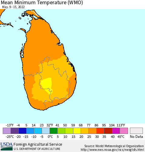 Sri Lanka Minimum Temperature (WMO) Thematic Map For 5/9/2022 - 5/15/2022