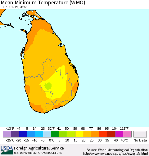 Sri Lanka Minimum Temperature (WMO) Thematic Map For 6/13/2022 - 6/19/2022