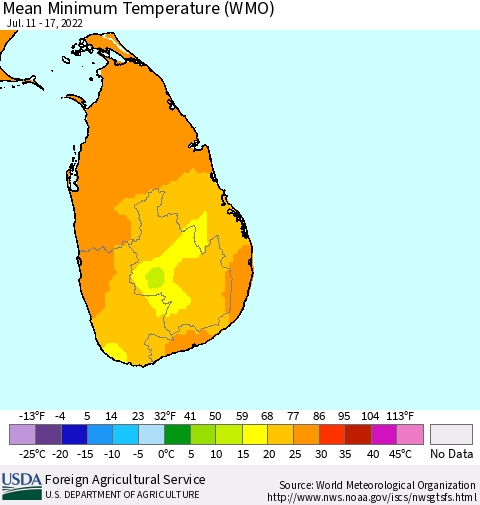 Sri Lanka Minimum Temperature (WMO) Thematic Map For 7/11/2022 - 7/17/2022