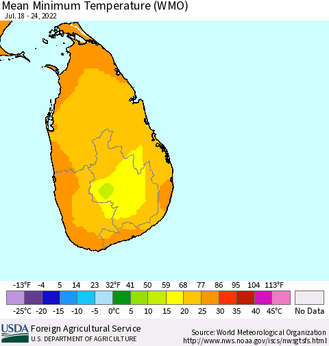 Sri Lanka Minimum Temperature (WMO) Thematic Map For 7/18/2022 - 7/24/2022