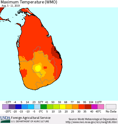 Sri Lanka Maximum Temperature (WMO) Thematic Map For 8/5/2019 - 8/11/2019