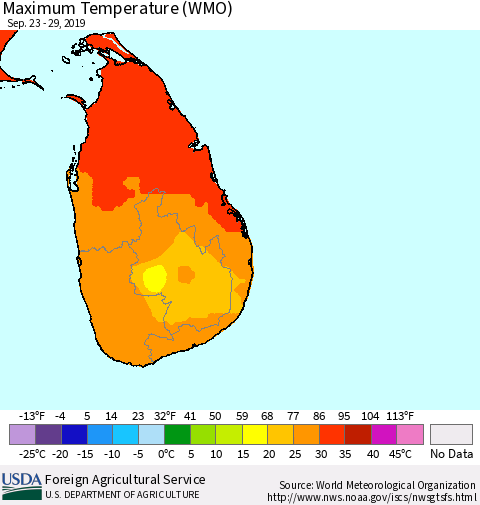 Sri Lanka Maximum Temperature (WMO) Thematic Map For 9/23/2019 - 9/29/2019