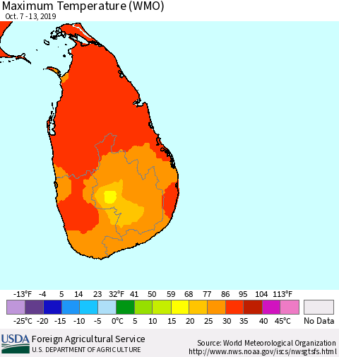 Sri Lanka Maximum Temperature (WMO) Thematic Map For 10/7/2019 - 10/13/2019