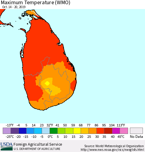 Sri Lanka Maximum Temperature (WMO) Thematic Map For 10/14/2019 - 10/20/2019