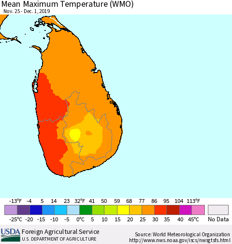 Sri Lanka Maximum Temperature (WMO) Thematic Map For 11/25/2019 - 12/1/2019