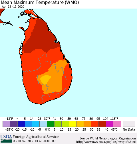 Sri Lanka Maximum Temperature (WMO) Thematic Map For 4/13/2020 - 4/19/2020