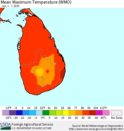Sri Lanka Maximum Temperature (WMO) Thematic Map For 6/1/2020 - 6/7/2020