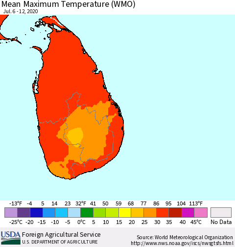 Sri Lanka Maximum Temperature (WMO) Thematic Map For 7/6/2020 - 7/12/2020