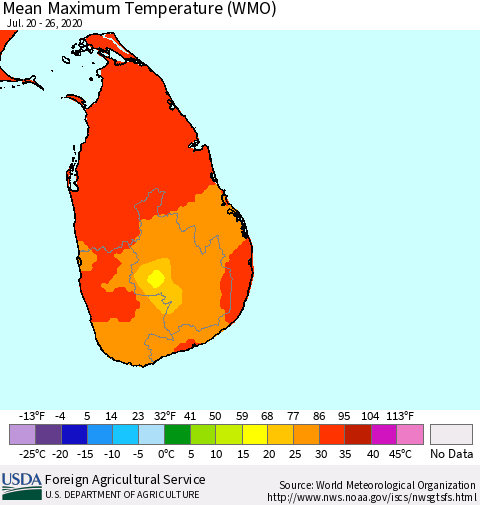Sri Lanka Maximum Temperature (WMO) Thematic Map For 7/20/2020 - 7/26/2020