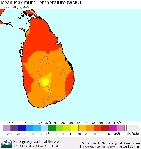 Sri Lanka Maximum Temperature (WMO) Thematic Map For 7/27/2020 - 8/2/2020