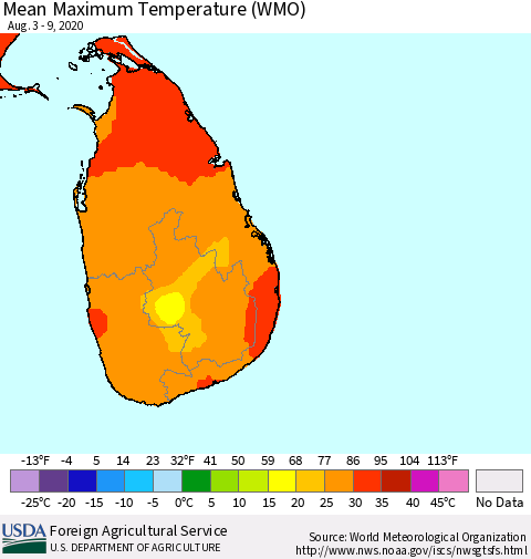 Sri Lanka Maximum Temperature (WMO) Thematic Map For 8/3/2020 - 8/9/2020
