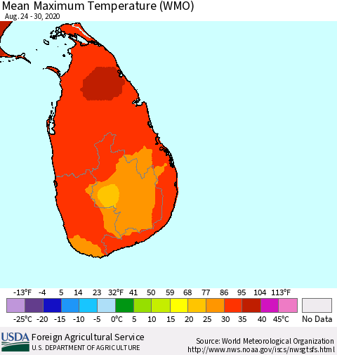 Sri Lanka Maximum Temperature (WMO) Thematic Map For 8/24/2020 - 8/30/2020