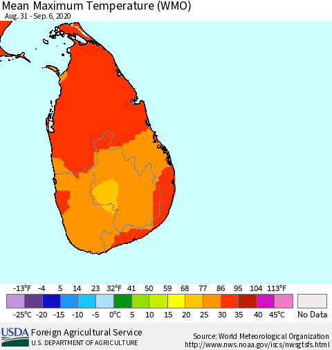Sri Lanka Maximum Temperature (WMO) Thematic Map For 8/31/2020 - 9/6/2020