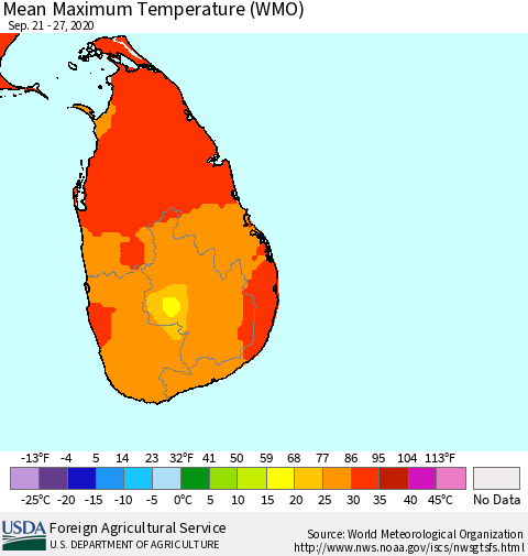 Sri Lanka Maximum Temperature (WMO) Thematic Map For 9/21/2020 - 9/27/2020