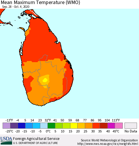 Sri Lanka Maximum Temperature (WMO) Thematic Map For 9/28/2020 - 10/4/2020