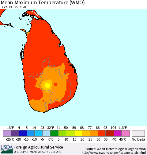 Sri Lanka Maximum Temperature (WMO) Thematic Map For 10/19/2020 - 10/25/2020