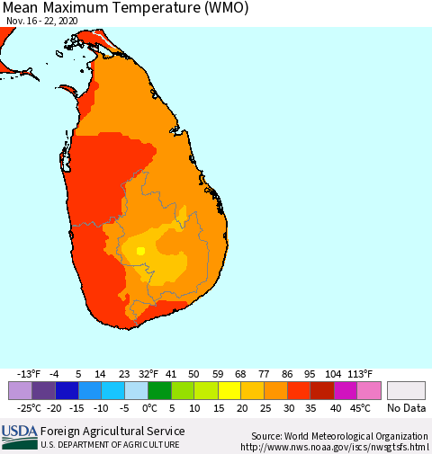 Sri Lanka Maximum Temperature (WMO) Thematic Map For 11/16/2020 - 11/22/2020