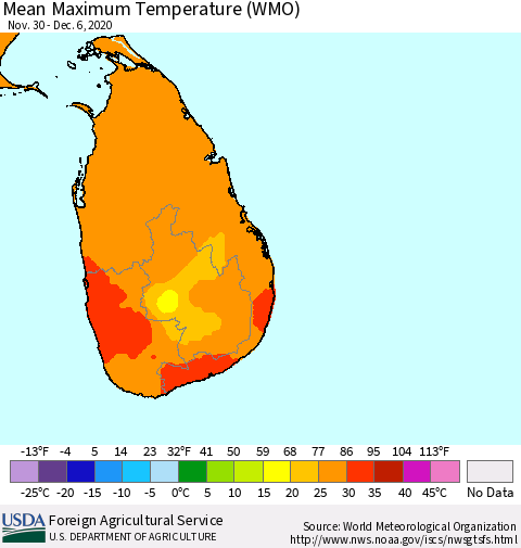 Sri Lanka Maximum Temperature (WMO) Thematic Map For 11/30/2020 - 12/6/2020
