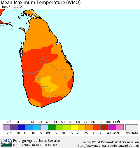 Sri Lanka Maximum Temperature (WMO) Thematic Map For 12/7/2020 - 12/13/2020