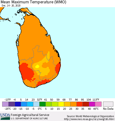 Sri Lanka Maximum Temperature (WMO) Thematic Map For 12/14/2020 - 12/20/2020