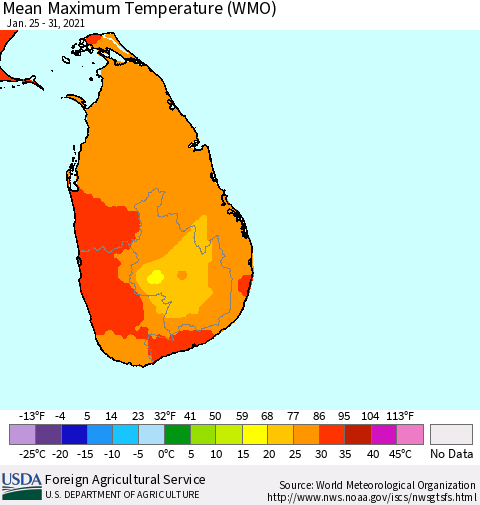 Sri Lanka Maximum Temperature (WMO) Thematic Map For 1/25/2021 - 1/31/2021