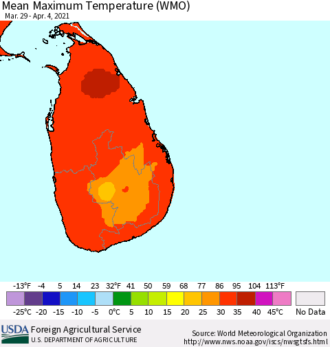 Sri Lanka Maximum Temperature (WMO) Thematic Map For 3/29/2021 - 4/4/2021