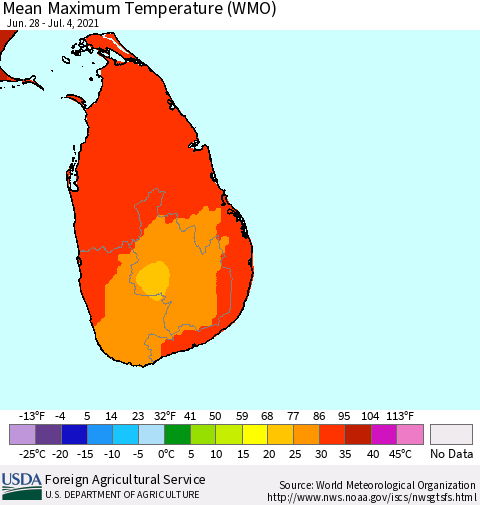 Sri Lanka Maximum Temperature (WMO) Thematic Map For 6/28/2021 - 7/4/2021