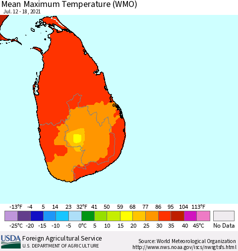 Sri Lanka Maximum Temperature (WMO) Thematic Map For 7/12/2021 - 7/18/2021