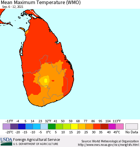 Sri Lanka Maximum Temperature (WMO) Thematic Map For 9/6/2021 - 9/12/2021