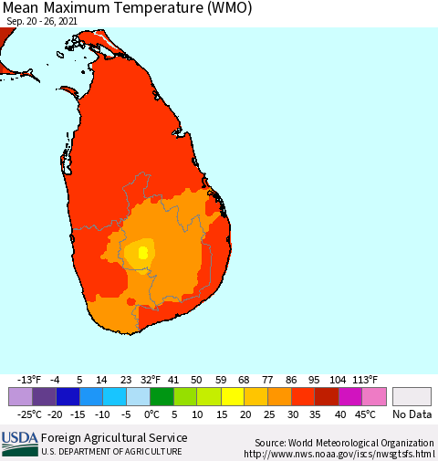 Sri Lanka Maximum Temperature (WMO) Thematic Map For 9/20/2021 - 9/26/2021