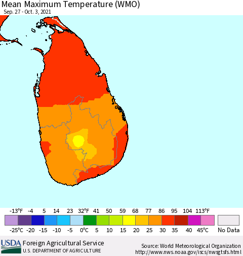 Sri Lanka Maximum Temperature (WMO) Thematic Map For 9/27/2021 - 10/3/2021