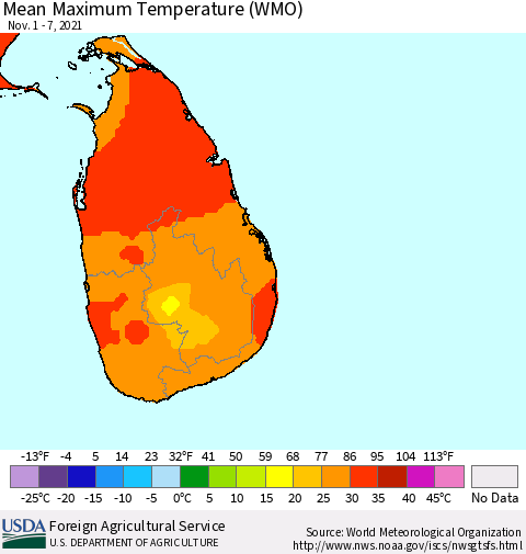 Sri Lanka Maximum Temperature (WMO) Thematic Map For 11/1/2021 - 11/7/2021