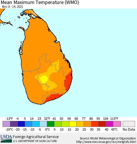 Sri Lanka Maximum Temperature (WMO) Thematic Map For 11/8/2021 - 11/14/2021