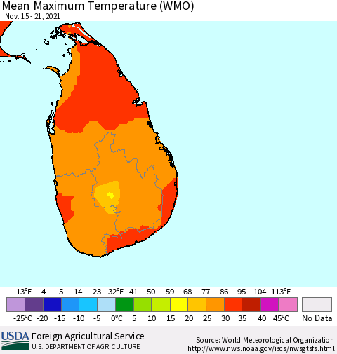 Sri Lanka Maximum Temperature (WMO) Thematic Map For 11/15/2021 - 11/21/2021