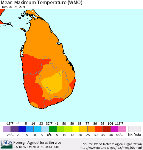 Sri Lanka Maximum Temperature (WMO) Thematic Map For 12/20/2021 - 12/26/2021