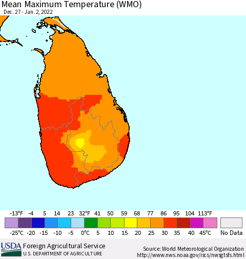 Sri Lanka Maximum Temperature (WMO) Thematic Map For 12/27/2021 - 1/2/2022