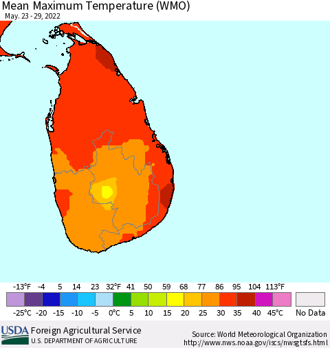 Sri Lanka Maximum Temperature (WMO) Thematic Map For 5/23/2022 - 5/29/2022