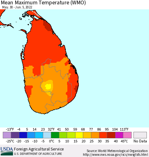 Sri Lanka Maximum Temperature (WMO) Thematic Map For 5/30/2022 - 6/5/2022