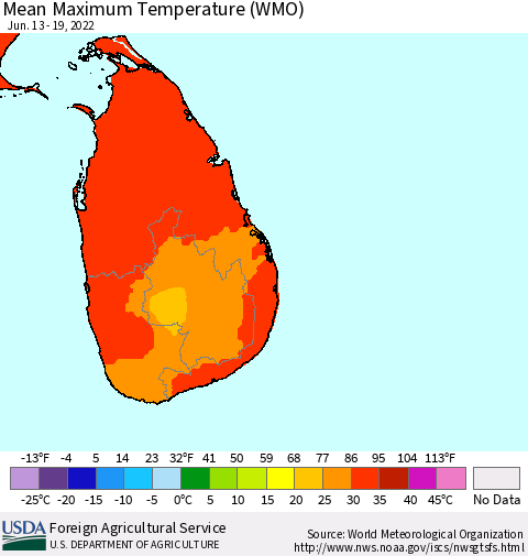 Sri Lanka Maximum Temperature (WMO) Thematic Map For 6/13/2022 - 6/19/2022