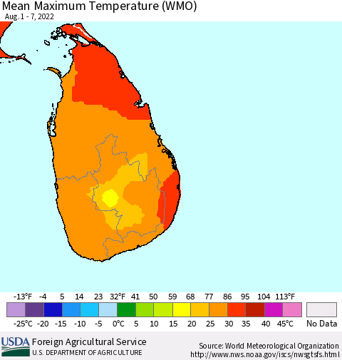 Sri Lanka Maximum Temperature (WMO) Thematic Map For 8/1/2022 - 8/7/2022