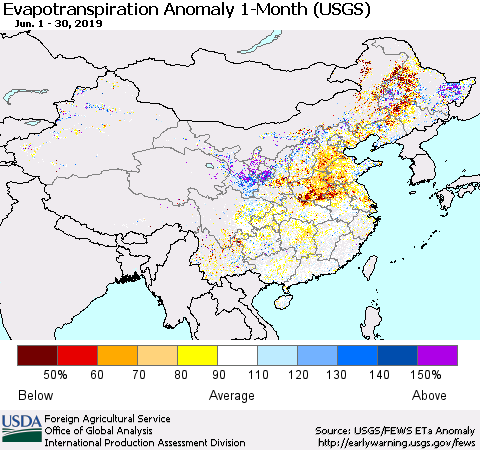 China and Taiwan Monthly Actual Evapotranspiration Anomaly (USGS) Thematic Map For 6/1/2019 - 6/30/2019