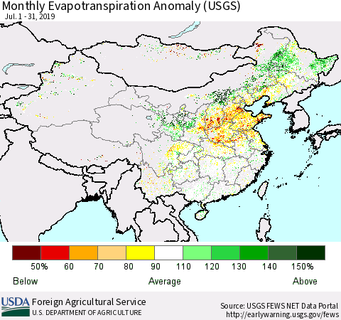 China and Taiwan Monthly Actual Evapotranspiration Anomaly (USGS) Thematic Map For 7/1/2019 - 7/31/2019