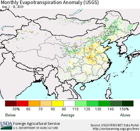 China and Taiwan Monthly Actual Evapotranspiration Anomaly (USGS) Thematic Map For 8/1/2019 - 8/31/2019