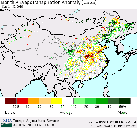 China and Taiwan Evapotranspiration Anomaly 1-Month (USGS) Thematic Map For 9/1/2019 - 9/30/2019