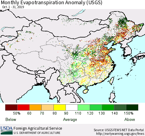 China and Taiwan Evapotranspiration Anomaly 1-Month (USGS) Thematic Map For 10/1/2019 - 10/31/2019
