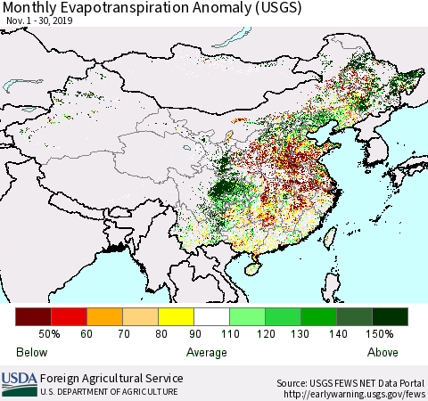 China and Taiwan Evapotranspiration Anomaly 1-Month (USGS) Thematic Map For 11/1/2019 - 11/30/2019
